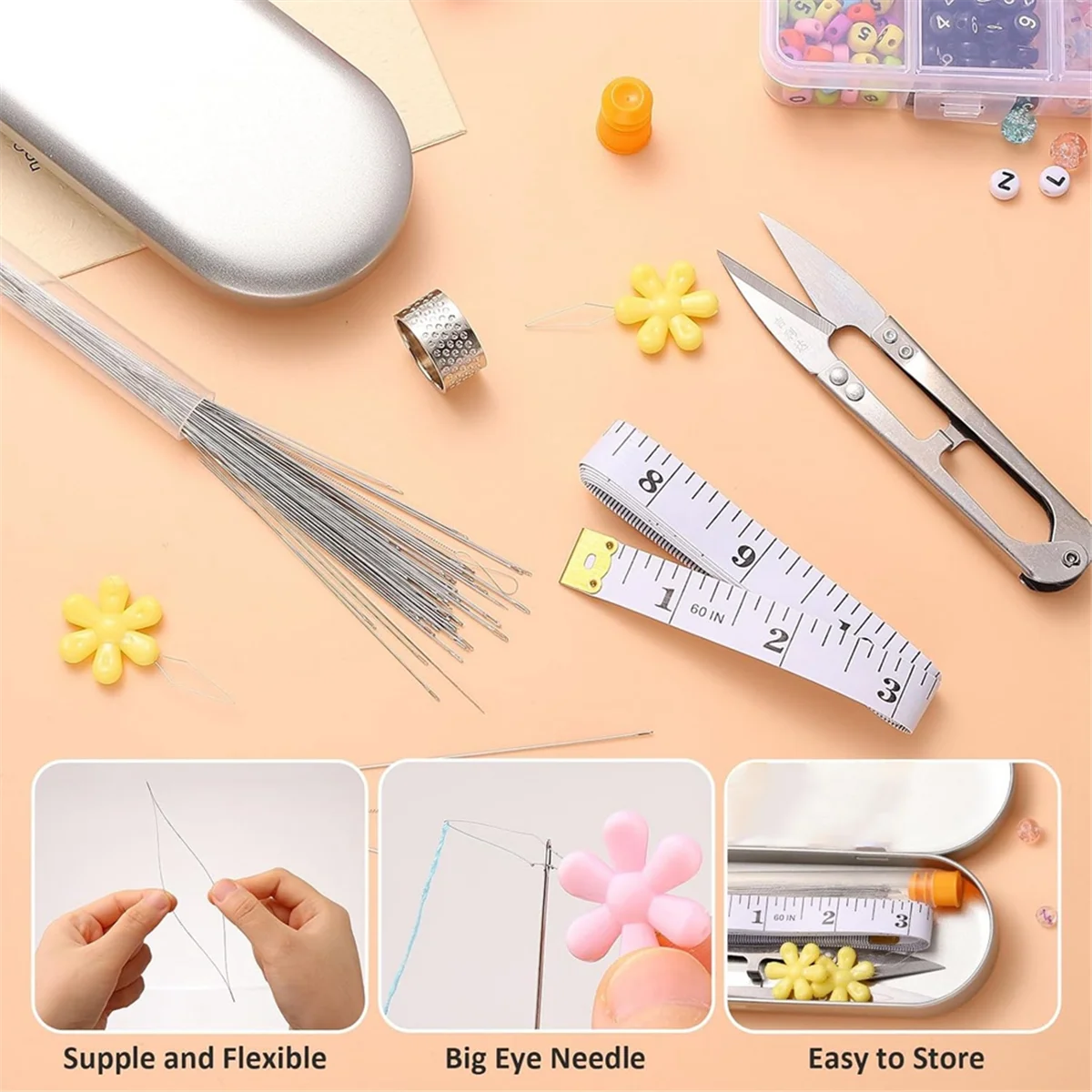 A79G 74 Pcs Beading Needles Set for Jewelry Making, Including Various Sizes and Types of Beading Needles