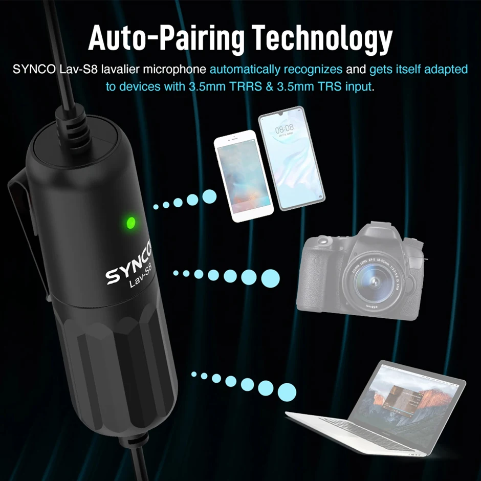 ميكروفون Synco Lav-S8 Lavalier بمشبك متعدد الاتجاهات وطية صدر السترة لتقليل الضوضاء والزوج التلقائي