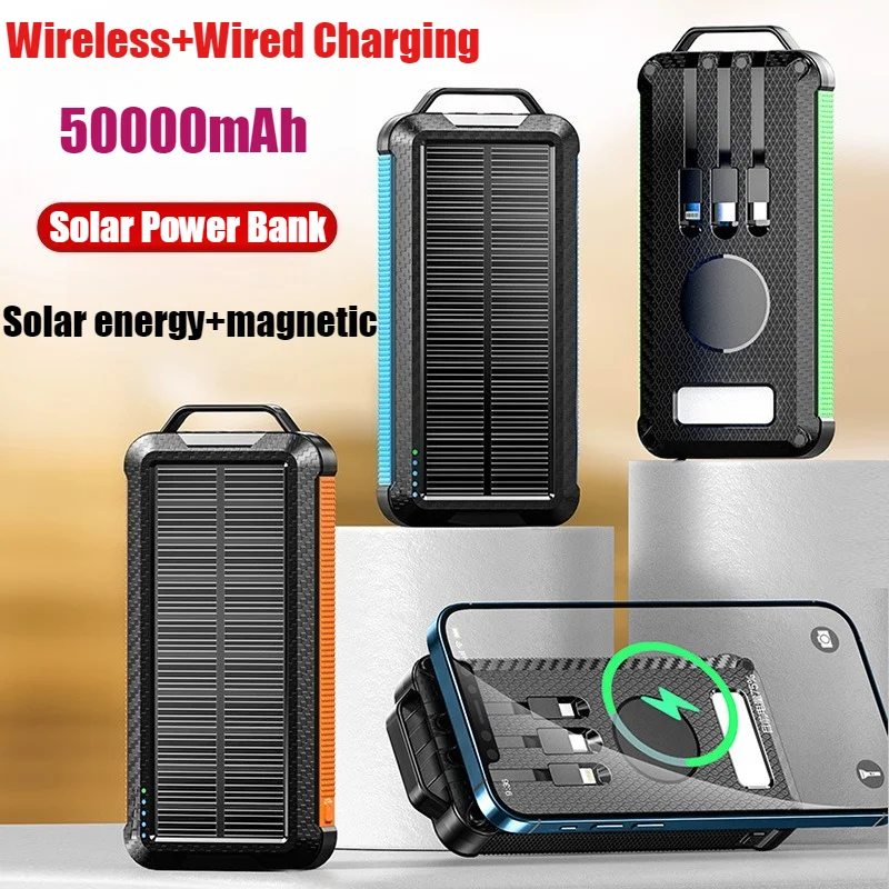 

2026 Wireless Solar Power Bank Comes with 3-wire 50000mAh Fast Charging External Battery Charger Cases for iPhone Samsung Xiaomi