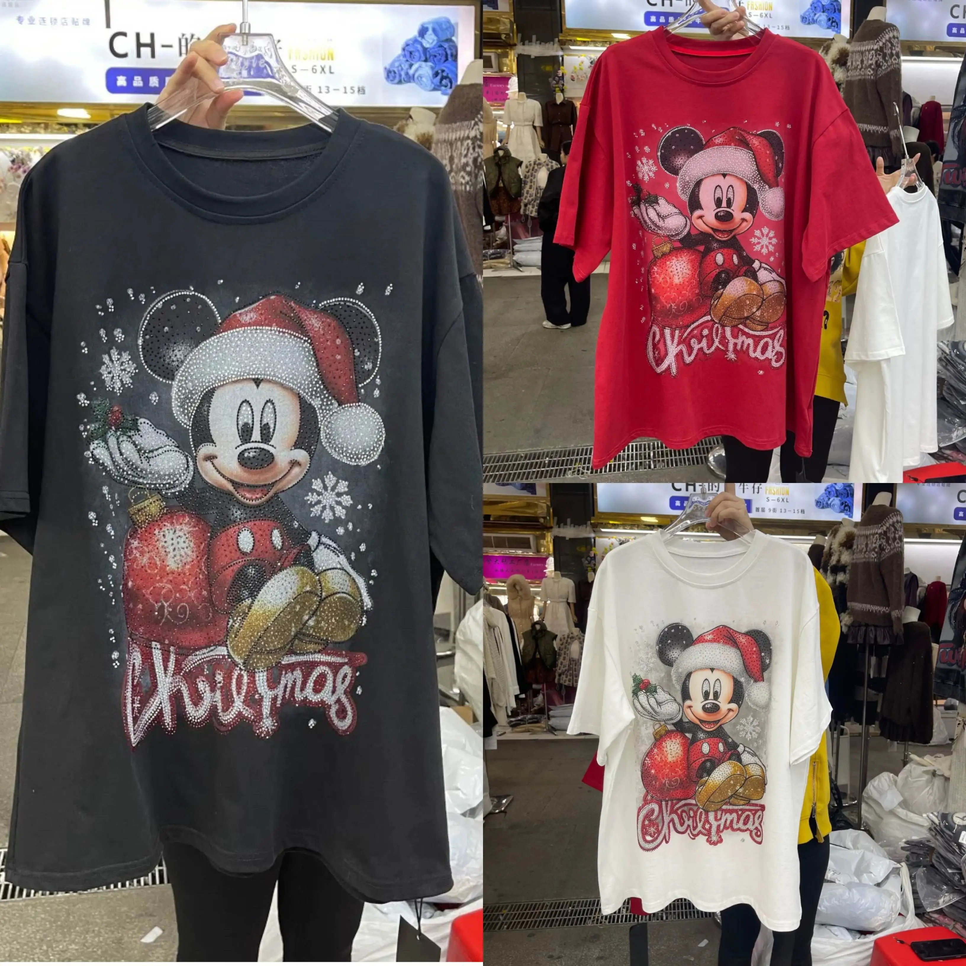 

European and American trendy brand loose Christmas Mickey cartoon printed short sleeved T-shirt top with rhinestone design