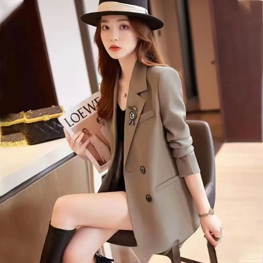 Women's Brown Blazer Petite Style Korean Casual Elegant Spring Autumn New Fashion Suit