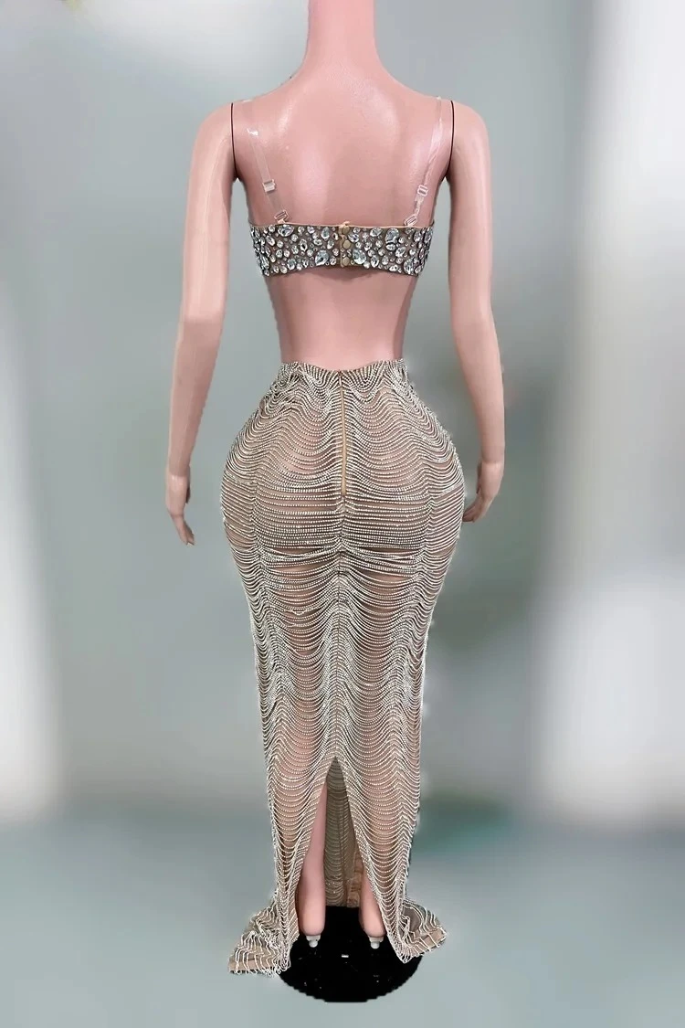 Réunion annuelle discothèque Bar Performance Costume moulin à vent plein diamant serré et Sexy dos nu fendu hanche étreinte jupe longue