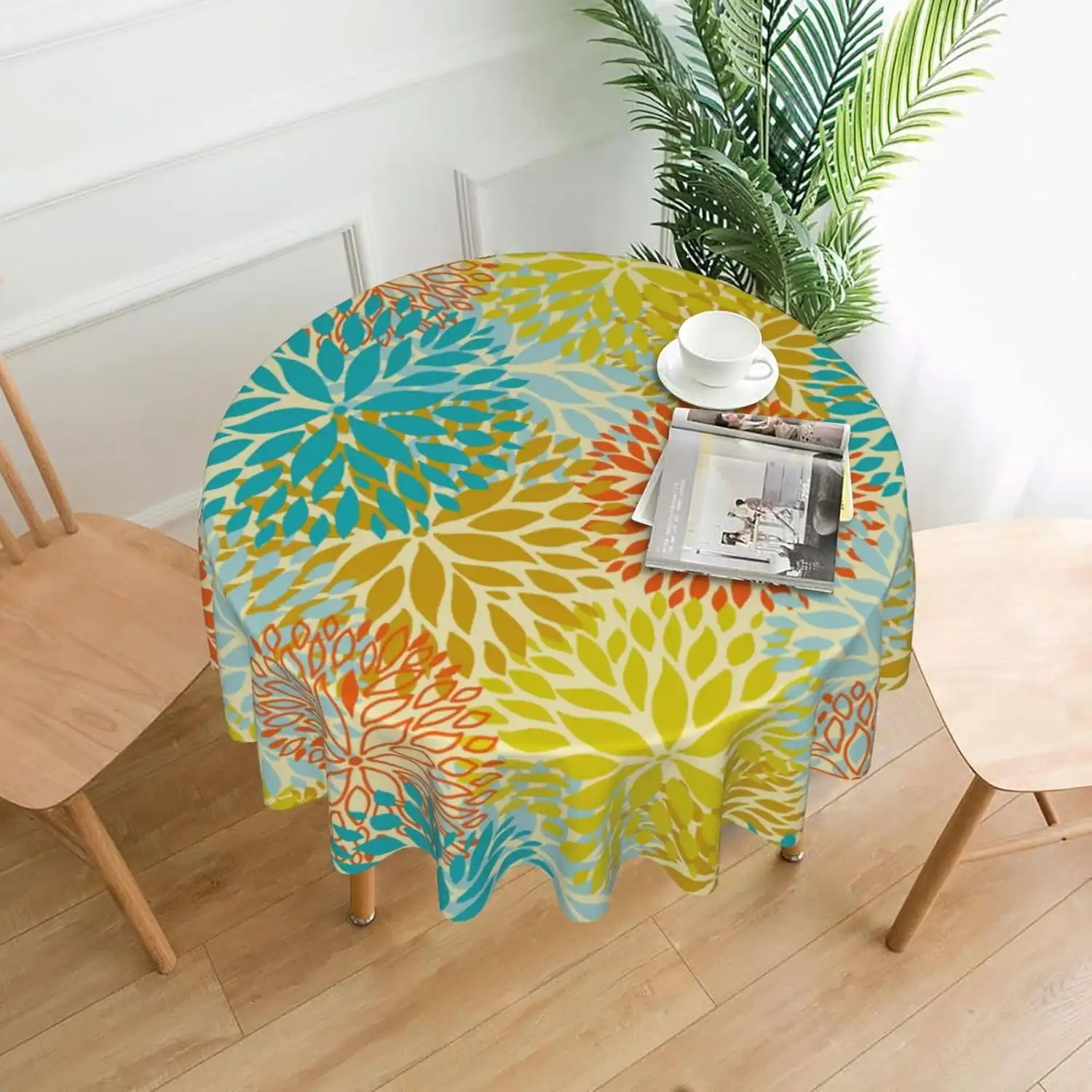 

Blue Yellow Dahlia Round Table Cloth 60 Inch,Floral Geometric Tablecloth Waterproof Stain Wrinkle Resistant Washable Circle Tabl