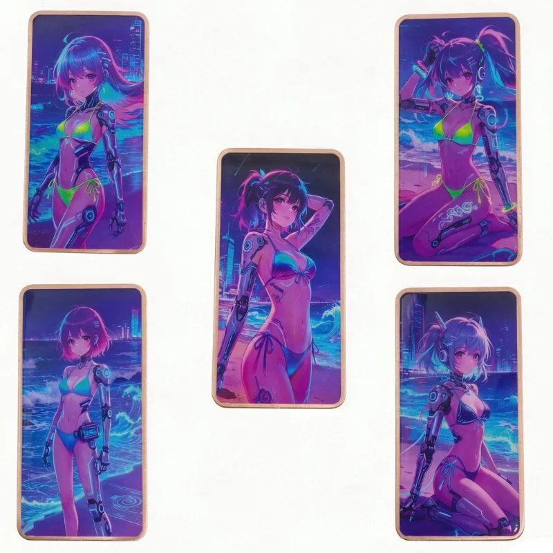 5pcs 10 Oz .999 Fine Copper Cyberpunk Mecha Girl Square Round Corner Anime Bikini Beach Neon City Colorized Art Collectible Gift