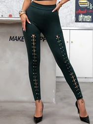 Europe And The United States Sexy Green Nine-point Pants Double Row Corns Lace-up Leggings Front Lace-up Small Leg Pants