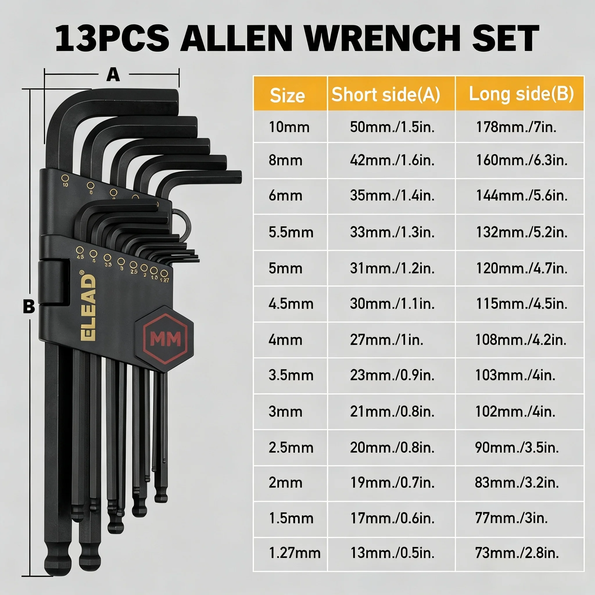 ELEAD 15Pcs Metric Hex Key Allen Wrench Set 1.27-10mm Long Arm Ball End S2 Heat-Treated Steel With Extension Bar