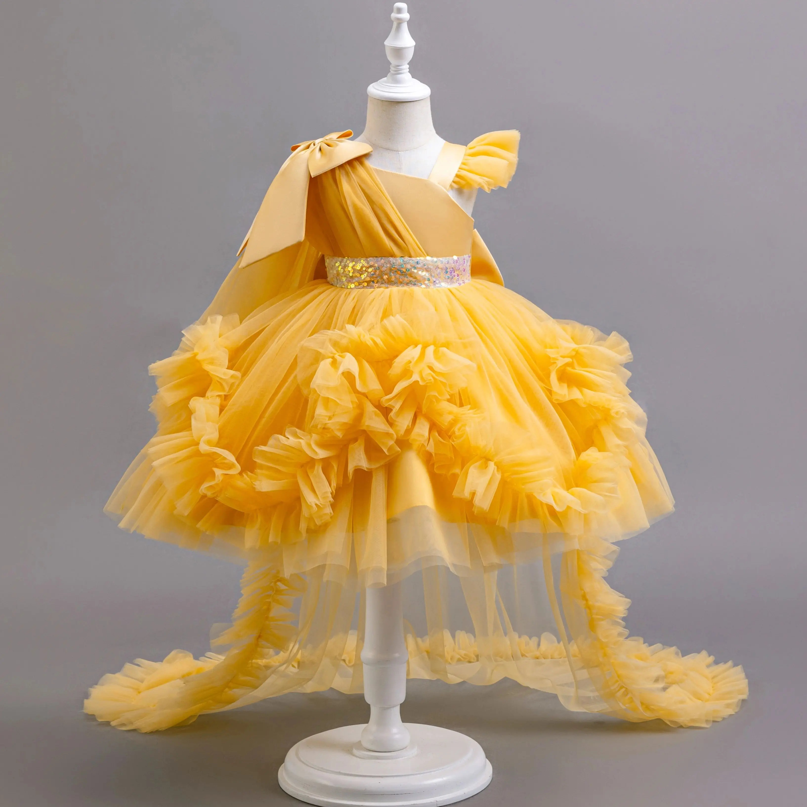 Baby Girls Party Princess Dresses Ruffle Lace Flower Girl Wedding Tail Dress Graduation Party Kindergarten Holiday Stage Play