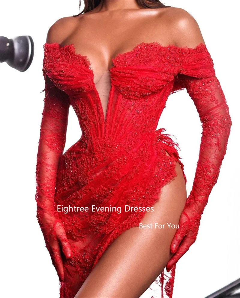 Eightree Sexy Red Prom Dresses Lace Appliques Pleat Leg Slit Off The Shoulder Evening Dresses Formal Occasion Dresses 2024