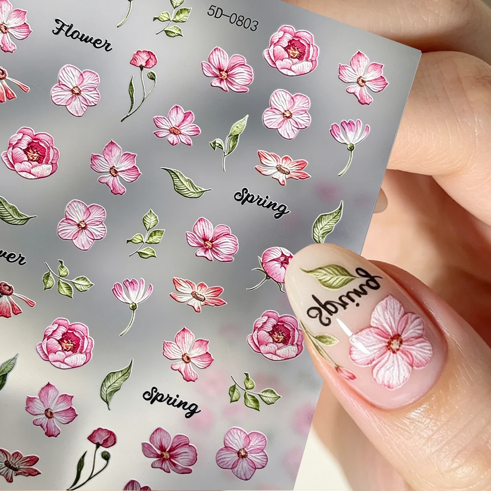 5D Embossed Peony Hibiscus Nail Art Stickers Pink Multi-petaled Flowers Leaves Nail Decals Spring Petal Women Flower Sliders
