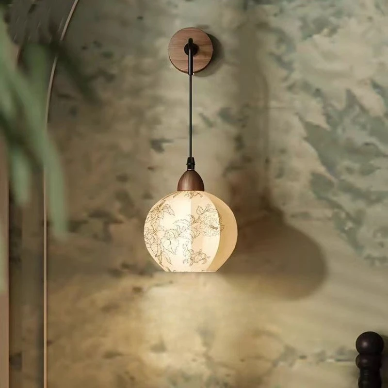 French Retro Spherical White Printing Fabric Wall Lamp LED Eye Protection Light Living Room Bedroom Restaurant Tea House Sconces
