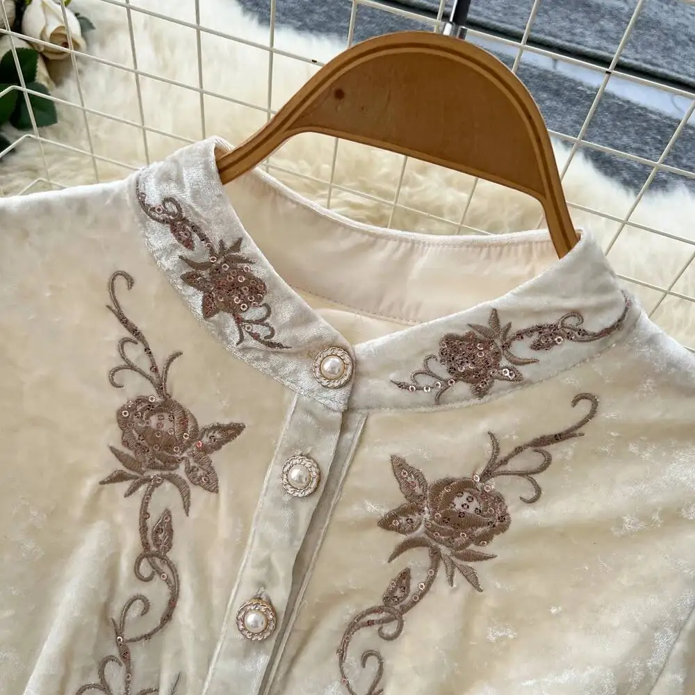 فستان مطرز قطيفة مثير بأكمام طويلة عتيق أنيق للحفلات للنساء فساتين كورية عصرية