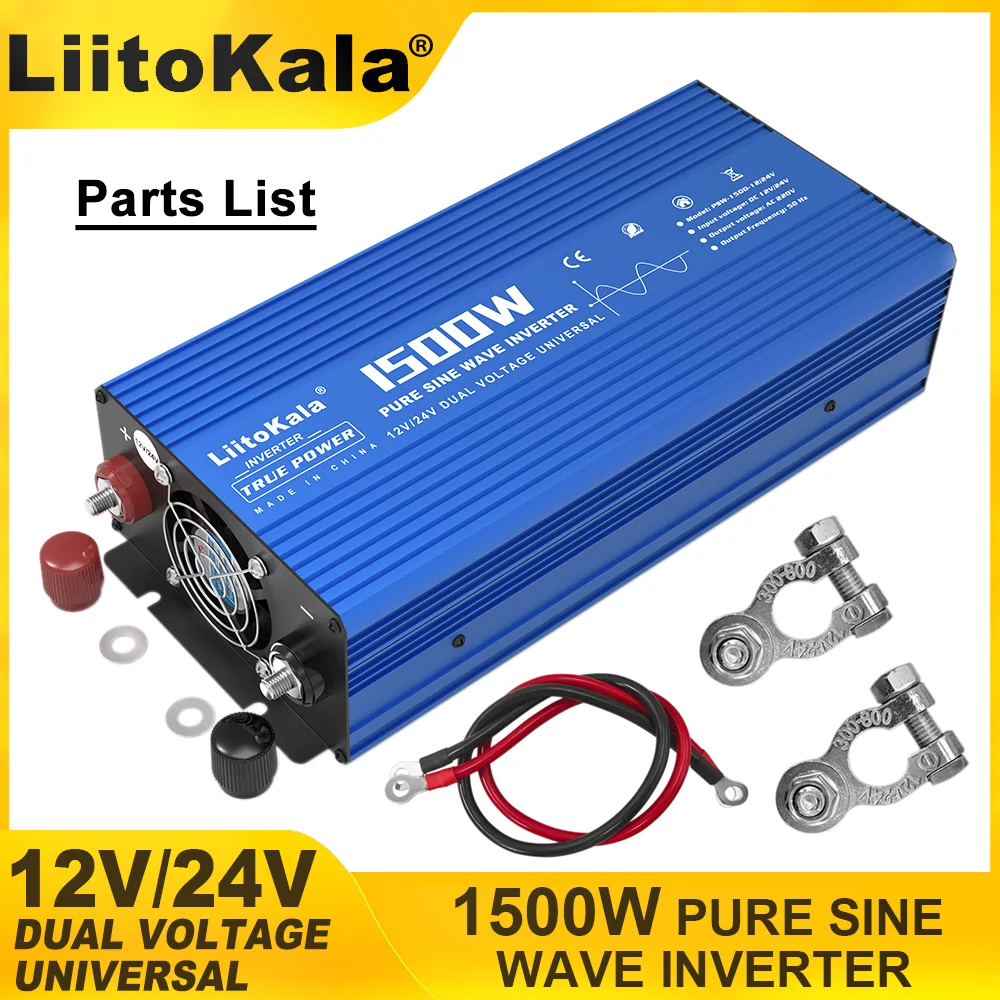 LiitoKala pure sine wave power supply 1500W high-power inverter DC 12V/24V AC 220V solar cell inverter