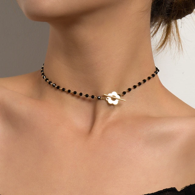 Crystal Glass Bead Flower Lariat Lock Choker Necklace