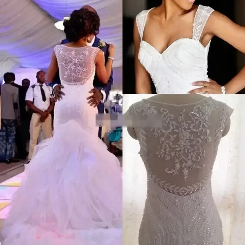 Customized Plus Size Mermaid Wedding Dresses Cap Sleeves Beaded Crystal Ruffled Tulle Puffy Wedding Gowns Vestidos De Noiva