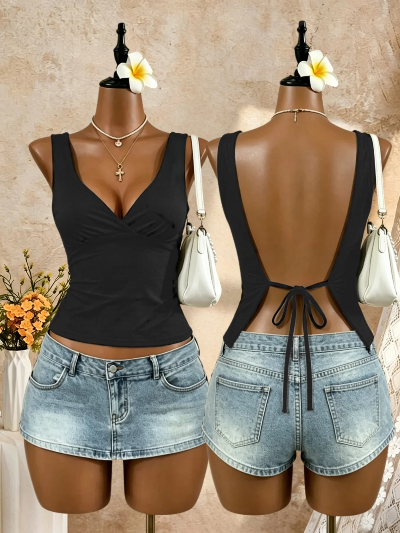 Women Wide Strap Deep V Wrap Front Open Back Tie Slim Crop Camisole 2026 Summer Y2K Going Out Streetwear Tank Tops