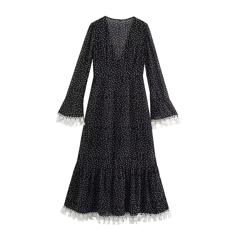 Yenkye 2025 feminino estilo francês retalhos bolinhas vestido longo botão frontal decote em v a linha magro vintage casual primavera vestido maxi