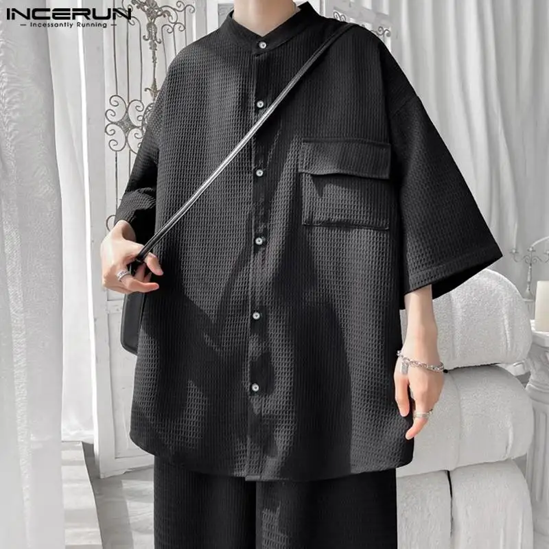 

INCERUN 2024 Korean Style Stylish Sets New Men Stand Neck Half Sleeve Loose Shirts Shorts Leisure Streetwear Two Piece Set S-5XL