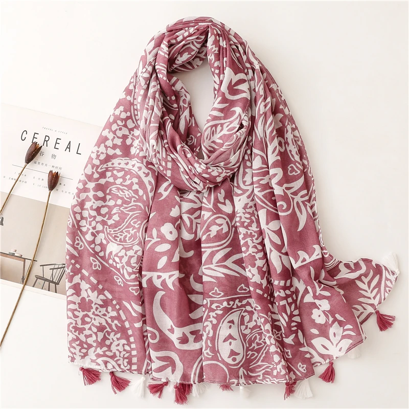 Printed Autumn And Winter Soft Linen Cotton Scarf Shawls Women Fashion Long Floral Tassel Scarfs Scarves Foulard Hijab 180*90Cm