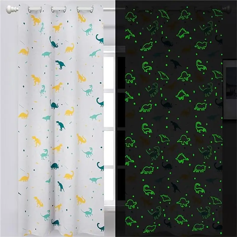 2 Panels Dinosaur Curtains for Boys Bedroom Glow in the Dark Cartoon Rod Pocket Kids Boys Girls Window Curtain Sheer Curtain