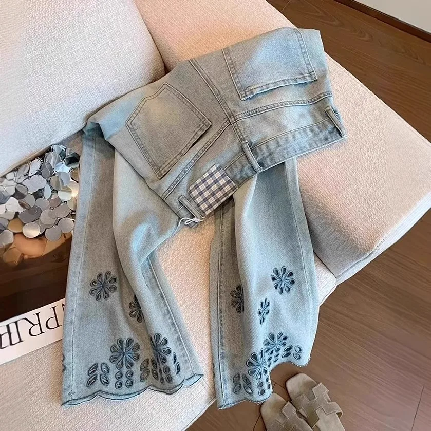 Y2K Jeans Denim Renda Bordir Wanita Desain Berongga Celana Potong Kaki Lebar Ramping Pinggang Tinggi Musim Panas Pas Tipis