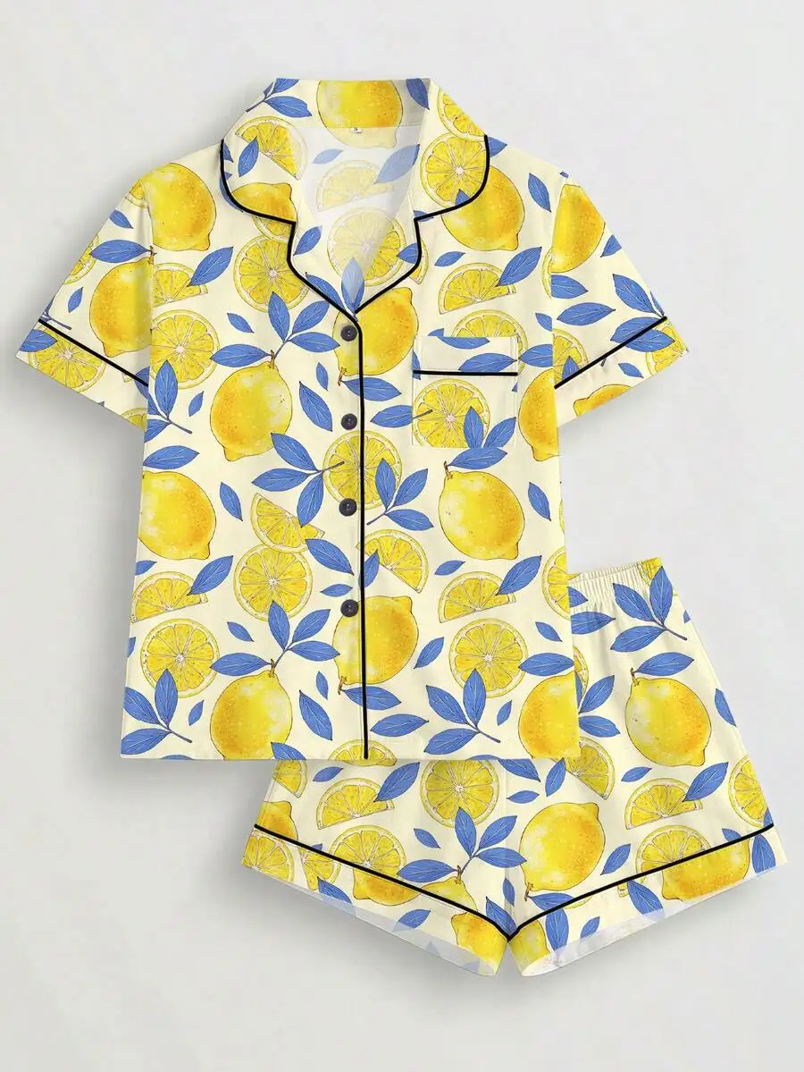 

2pcs Women Fruit Lemon Print Pajama Set,