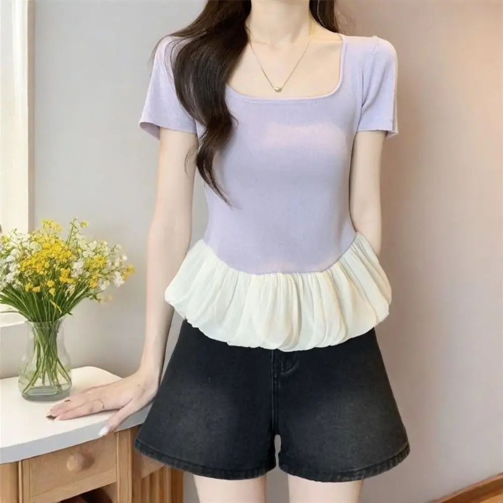 

Breathable Short Sleeve Summer Knitted T-Shirt Slim Fit U-neck Sweet Crop Tops Korean Style Patchwork Mesh Ruffle T-Shirt Girls