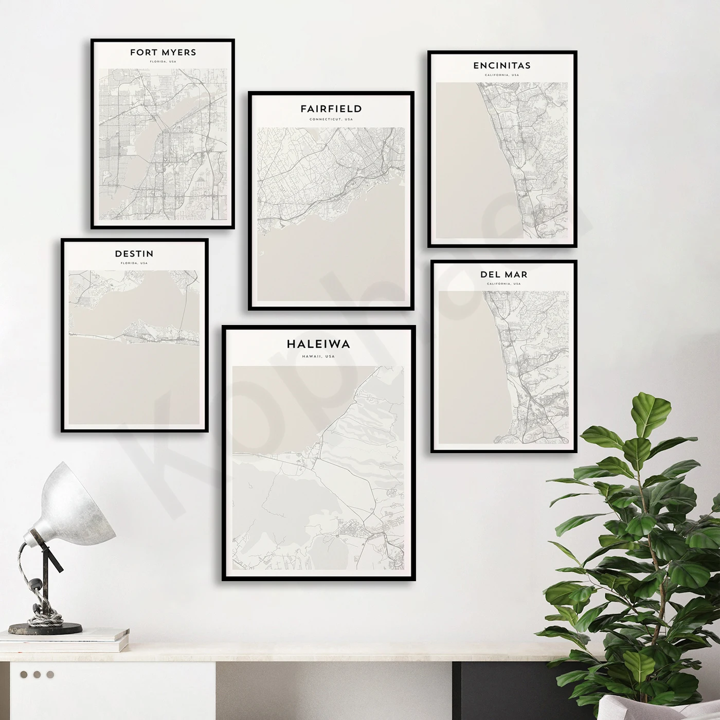 Hermosa Haleiwa Myers Fairfield Encinitas Destin Del Mar Dana Point Clearwater Charleston Carmel ciudades mapa de viaje cartel