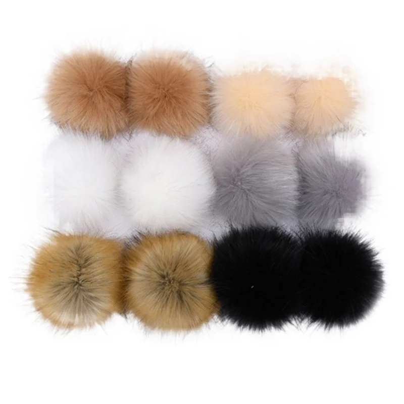 2PCS Plush Fox Fur Hairball Hat Pom Pom DIY Faux Fur Pompom Handmade Fur Pom Poms Balls With Elastic Bands for Bag Clothing Acce