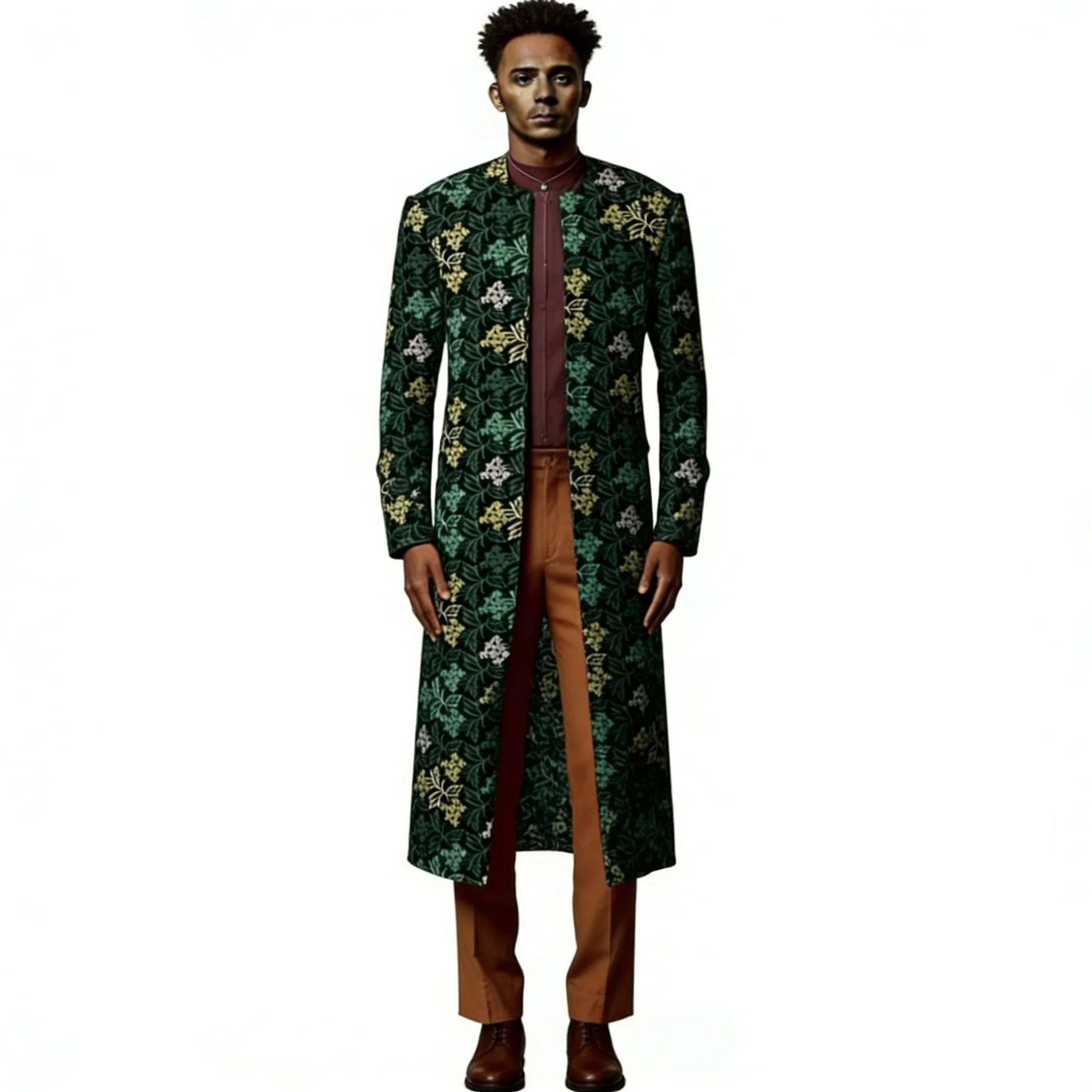 

African Couture Men's Collarless Coat Traditional Dashiki Print Long Jacket Vintage Style Casual Wear Tailored
