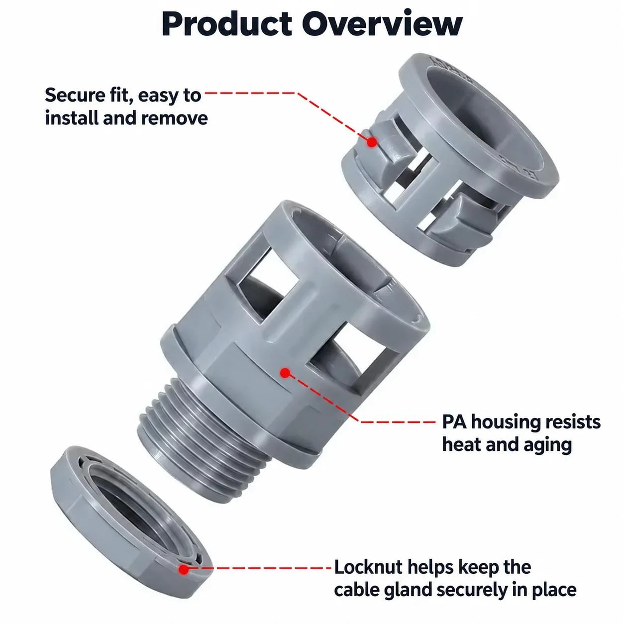 Gray Flame Retardant Nylon PA Corrugated Pipe Joint Quick Lock Threading Hose Mother Lock for Waterproof PE Pipe