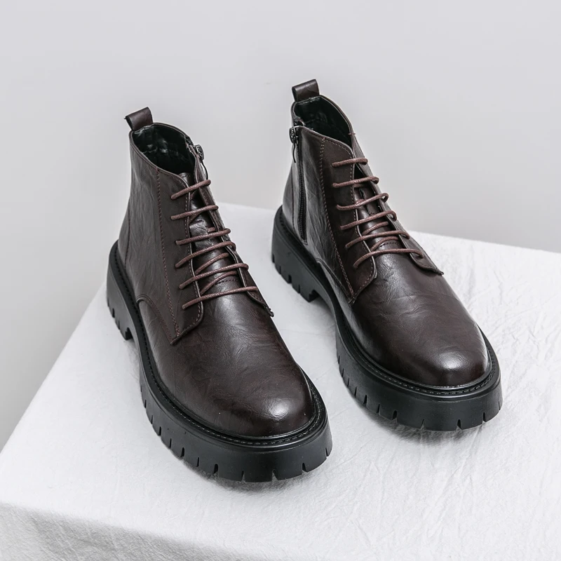 

Men High Top Boots PU Thick Sole Comfortable Lace Up Classic Men Boots Size 38-46