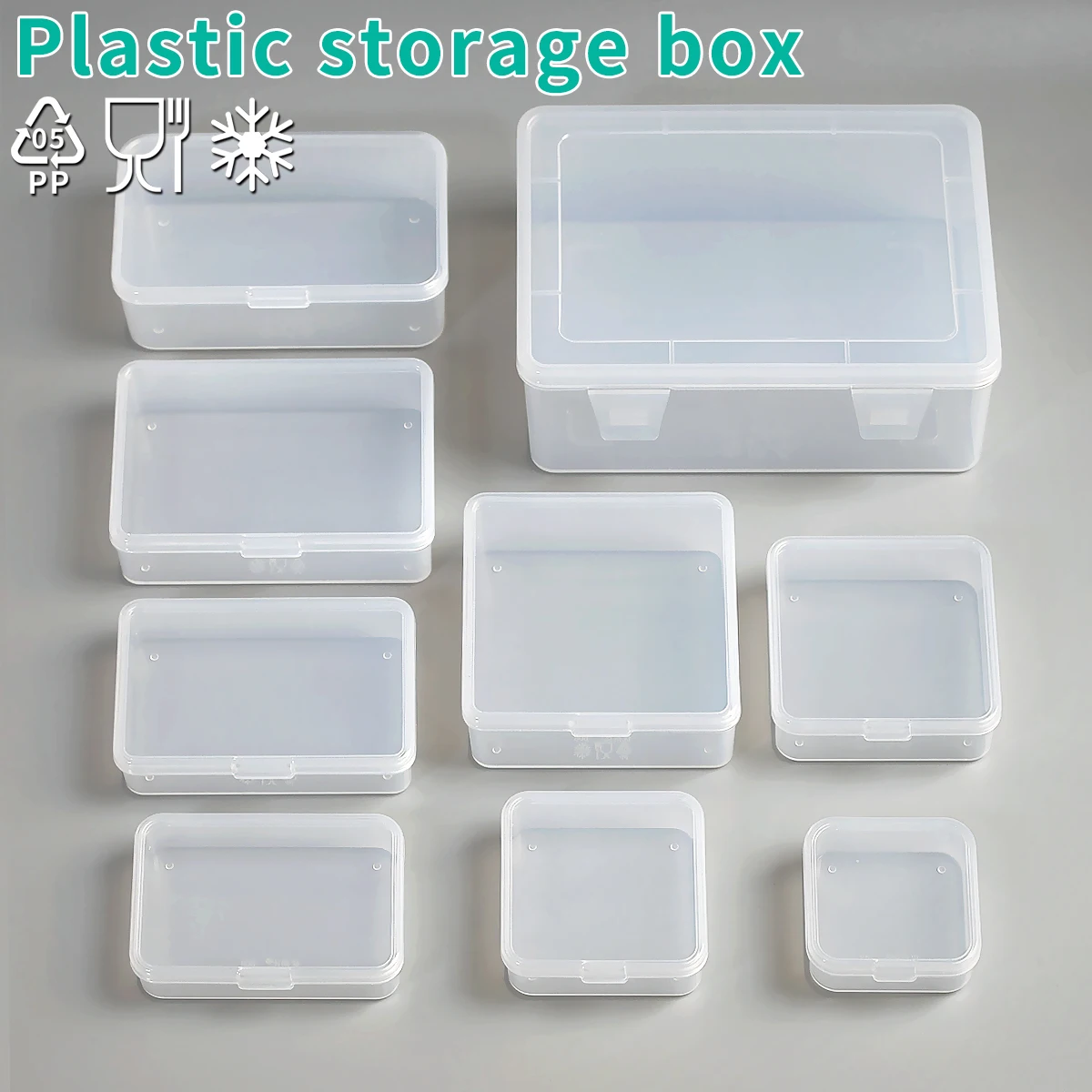 Cajas de almacenamiento rectangulares y cuadradas pequeñas, PP de grado alimenticio, mini piezas, caja de plástico transparente, caja de embalaje de