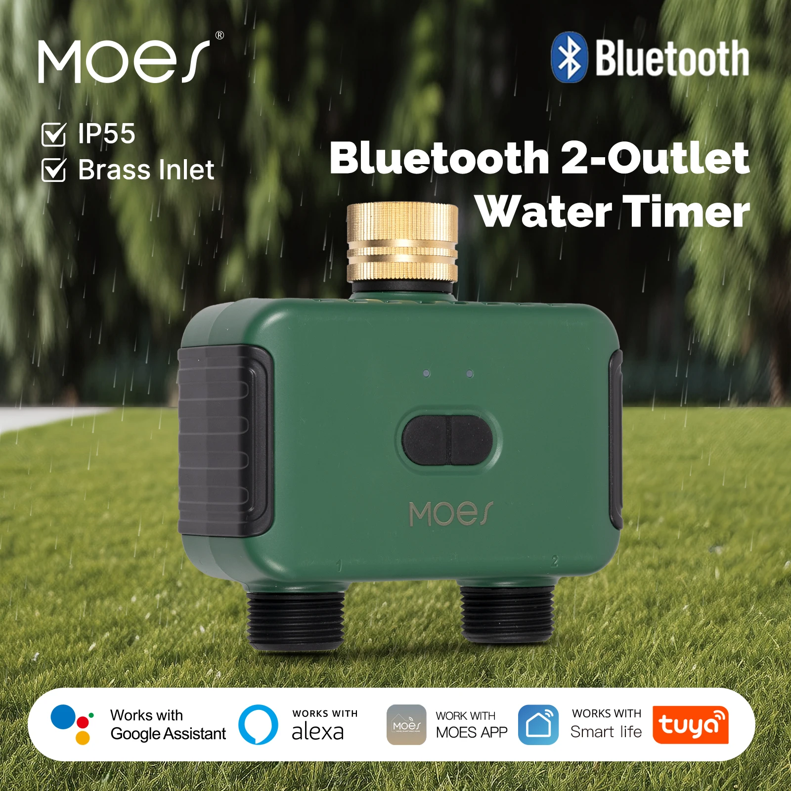

MOES Tuya Bluetooth 2-выпускной клапан, спринклер, умный таймер воды, фильтр с задержкой дождя, шайба, управление через приложение, автоматический программируемый контроллер