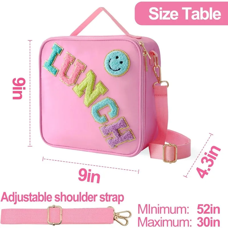 Insulated Lunch Bag With Adjustable Shoulder Strap Nylon Preppy Lunch Box Reusable Lunch Tote Bag for Girls School Travel Picnic