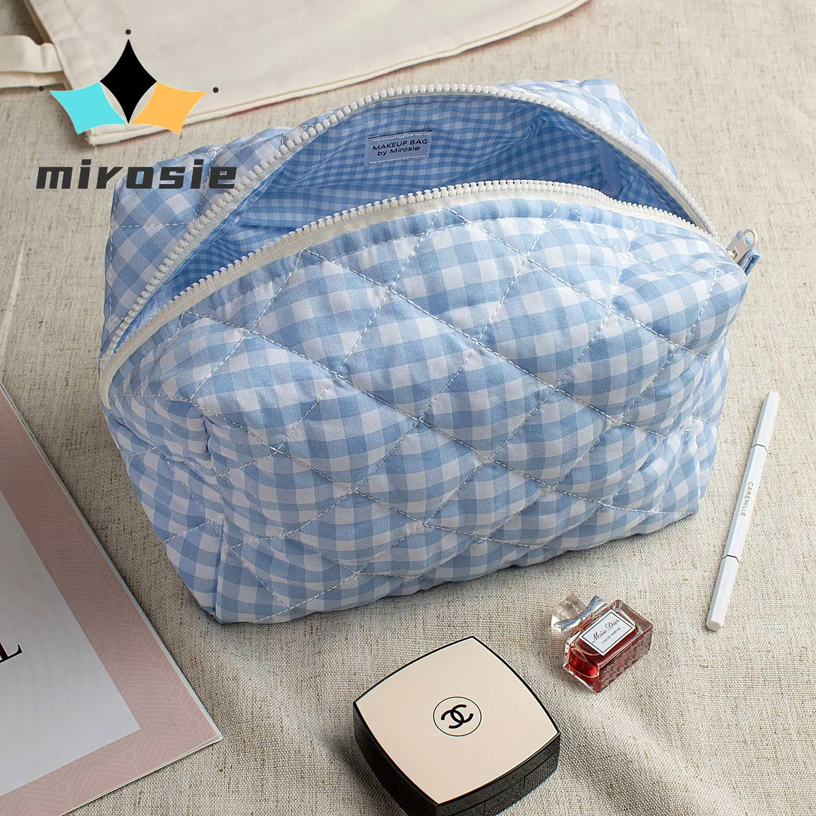 MIROSIE-Pretty Blue Gingham Print Makeup Bag with Zipper, Portable Travel Skincare Storage Pouch, Makeup Organizer, Big Size