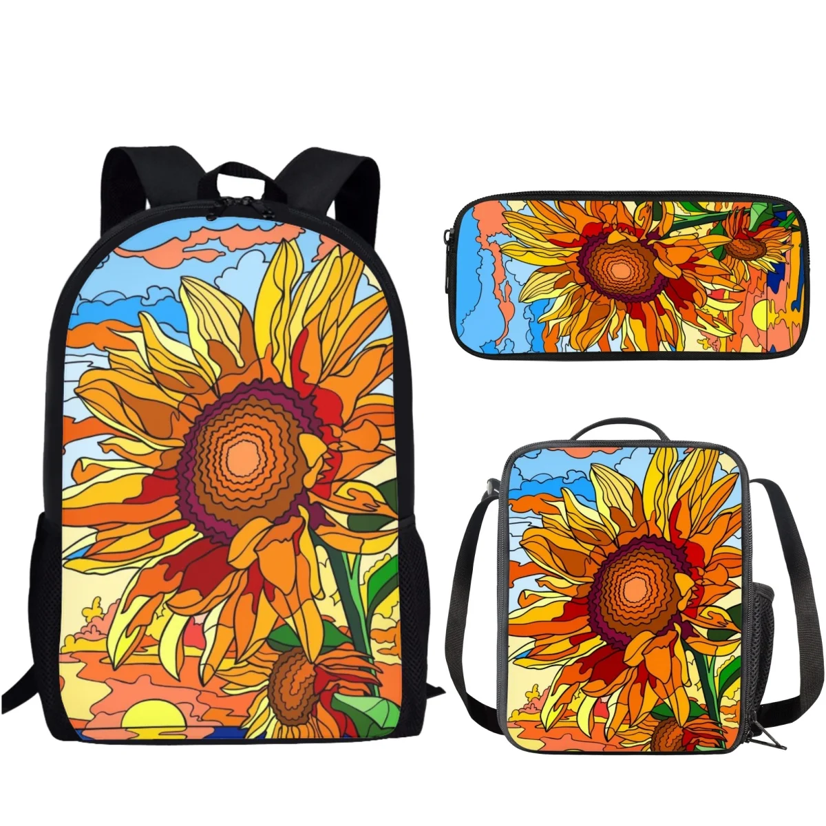 3Pcs Sunflower Pattern School Bag Set Large Capacity Backpack for Girls Boys Teenager Student Book Bag with Lunch Bag Pencil Bag