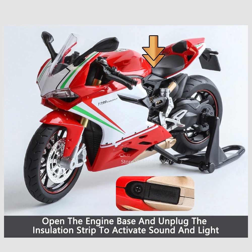 Maßstab 1:12 1199 Motorrad-Spielzeug-Modellautos, Legierung, Druckguss, Stoßdämpfung, Ton, Licht, Kettengestänge, Simulationsmotoren für Jungen – Detail 5