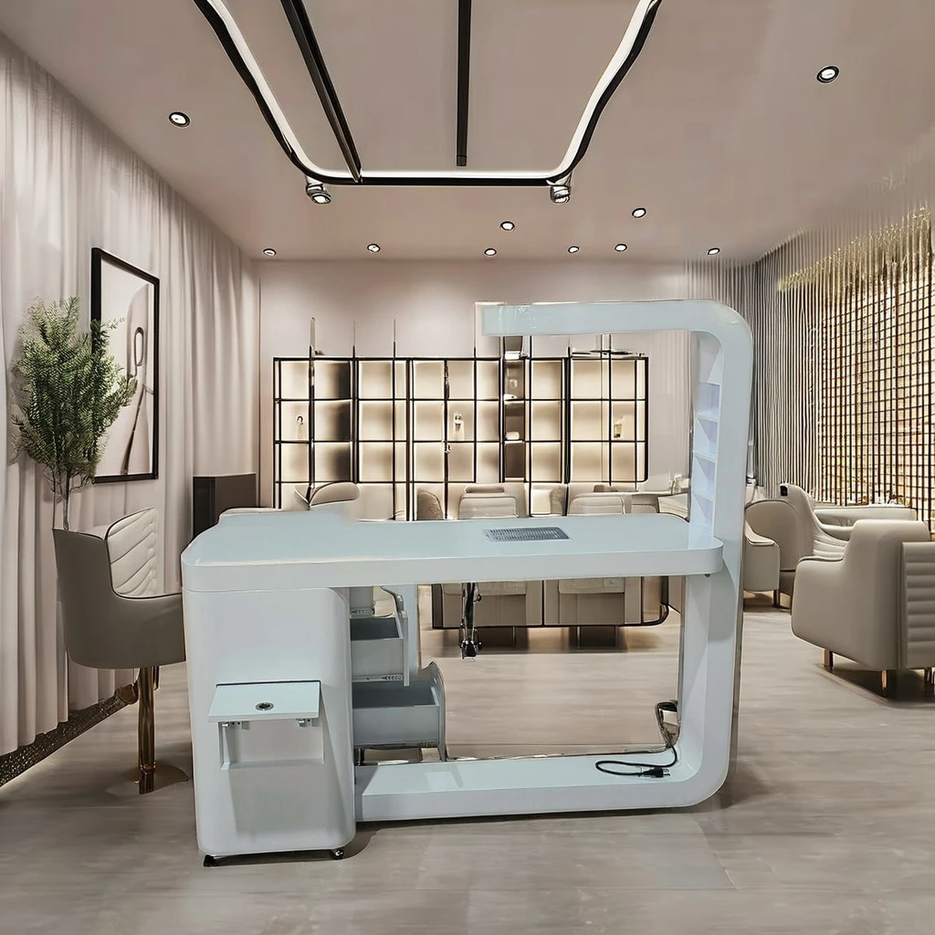 L Shaped Nail Table, White Iron and Flannel Manicure Table with Dust Collector and Light, Corner Nail Desk, Beauty Equipment