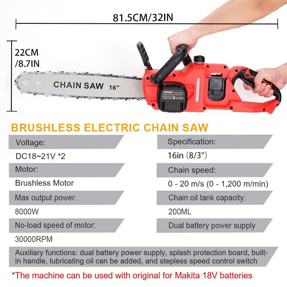 Hormy 16Inch 3/8'' Brushless Electric Chainsaw 8000W Cordless Portable Saw Gardening Power Tools For Makita 18V Lithium Battery