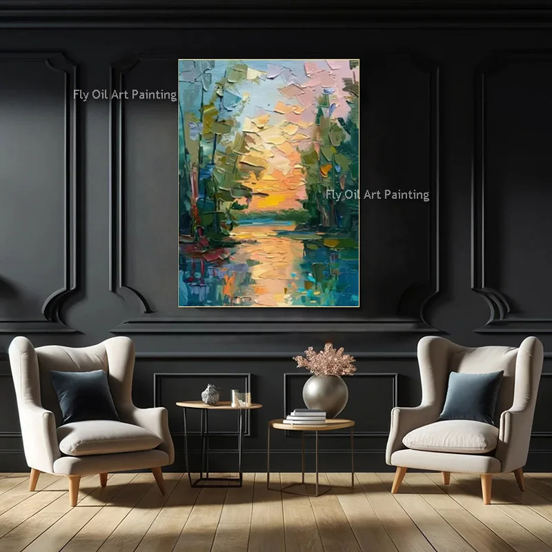 Landscape Canvas Art Handmade Heavy Textured Sunset Forest River Oil Painting Vibrant Color Wall Decor For Interior As Gifts