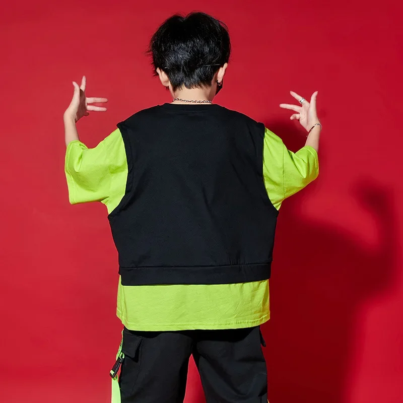 Boys Hip Hop Clothing Fake Two-piece Top Black Short with Fluorescent Ribbon for Girls Kids Jazz Dance Costume Clothes Set