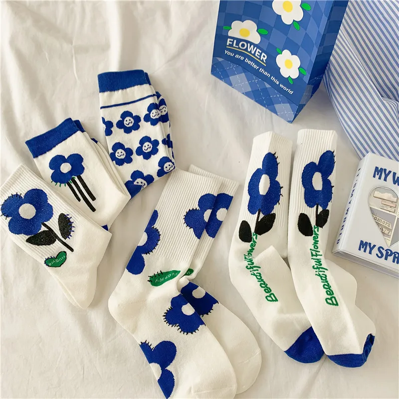 2023 Autunmn Women Sweet Korean Fashion Stitch Stockings Children Girls Blue Floral Print Japanese Kawaii Cute High Long Socks