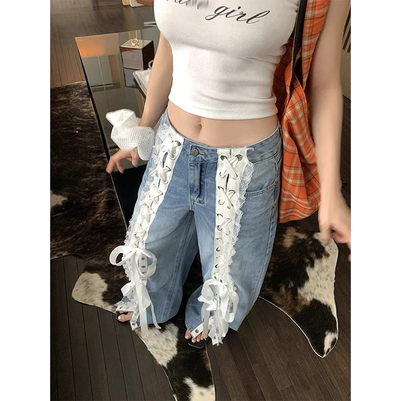 MEXZT Y2K Bow Wide Leg Jeans Women Streetwear Lace Patchwork Bandage Denim Pants Harajuku Korean Baggy Design Straight Trousers