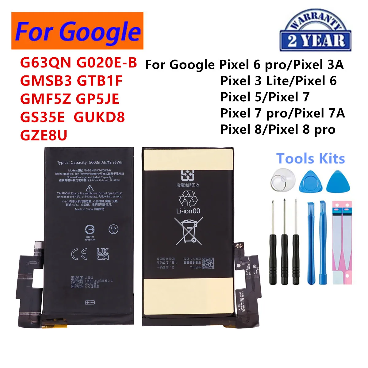 

G63QN GUKD8 GP5JE GMF5Z G020E-B GTB1F Battery For HTC Google Pixel 6 Pro/ Pixel 3A /Pixel 7 pro 7A /Pixel 8 pro Phone Batteries