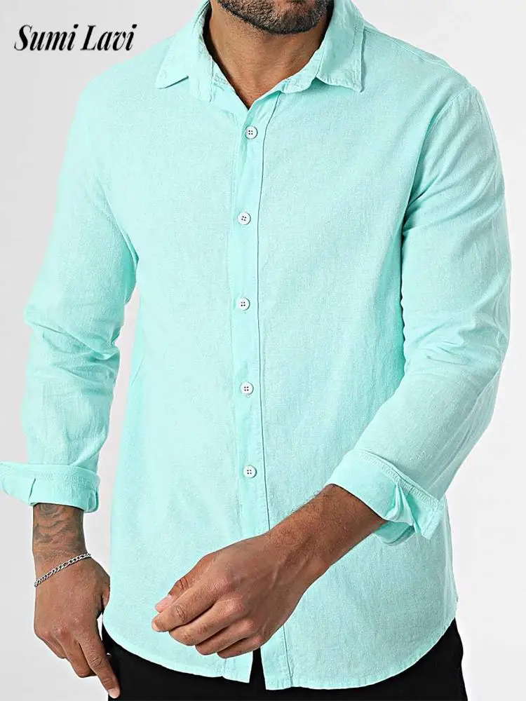 

Повседневные мужские пляжные рубашки для отпуска, льняная рубашка с длинным рукавом и отложным воротником на пуговицах, повседневные мужские однотонные льняные топы для отдыха