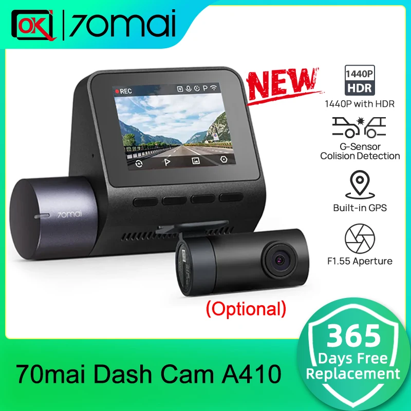Новый видеорегистратор 70mai A410 1440P 2,5K Image F1.55, двухканальный, поддерживаемый GPS, ночное видение, 24 часа, парковка, обновленная версия. 70mai A400