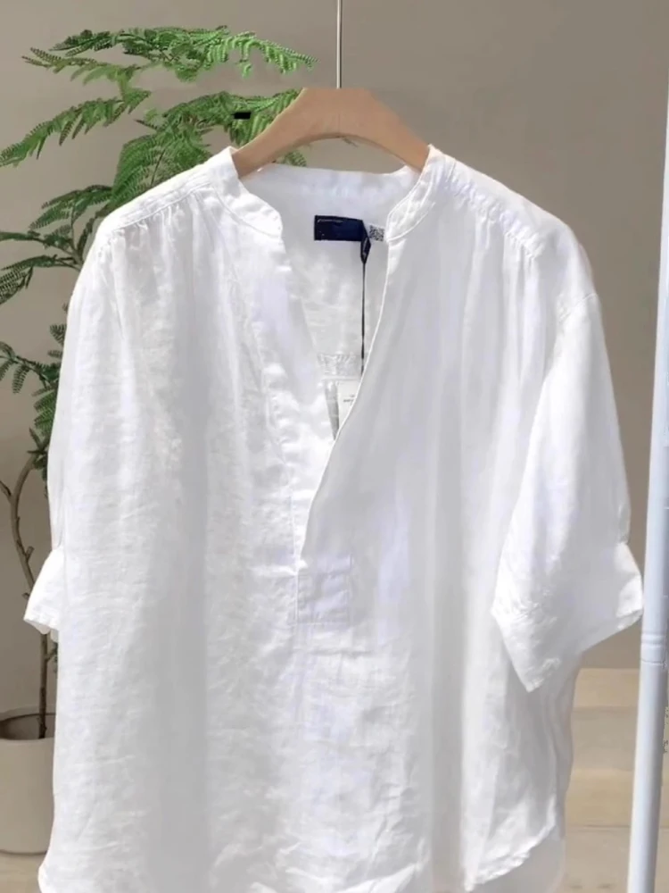 エレホワイトコットンリネンirt女性用サマールーズプラスサイズスリムリネンfオープンカラートップ快適で通気性のある