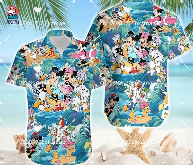 New Summer Disney Donald Duck and Friends Boys&Girls Seaside Vacation Hawaiian Button Cartoon Shirt KID/Adul Parent-Child Shirt