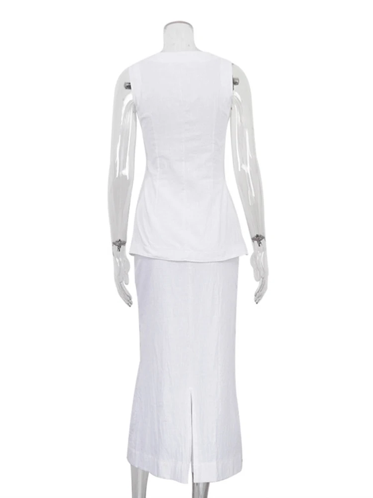 GALCAUR-Ensemble deux pièces blanc pour femme, col rond, simple boutonnage, taille haute, jupe midi adt, décontracté, vêtements d'été, 2025