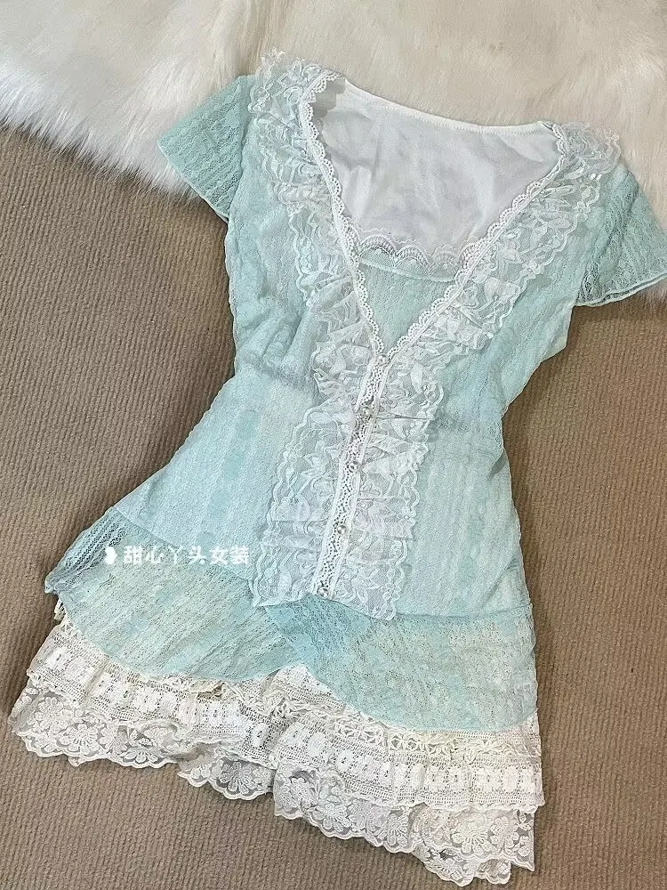 New Fashion Retro Elegant Sweet Cute Lolita Lace 2 Piece Set Women Short-sleeved Y2k Tops + Mini Cake Kawaii Mini Skirt Outfit